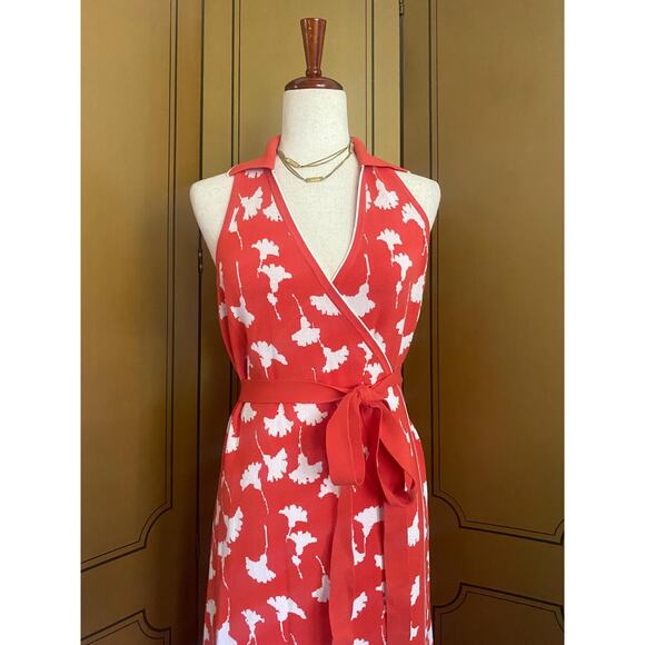 Diane von Furstenberg orange wrap dress with ginko leaves, size L - Picture 7 of 7
